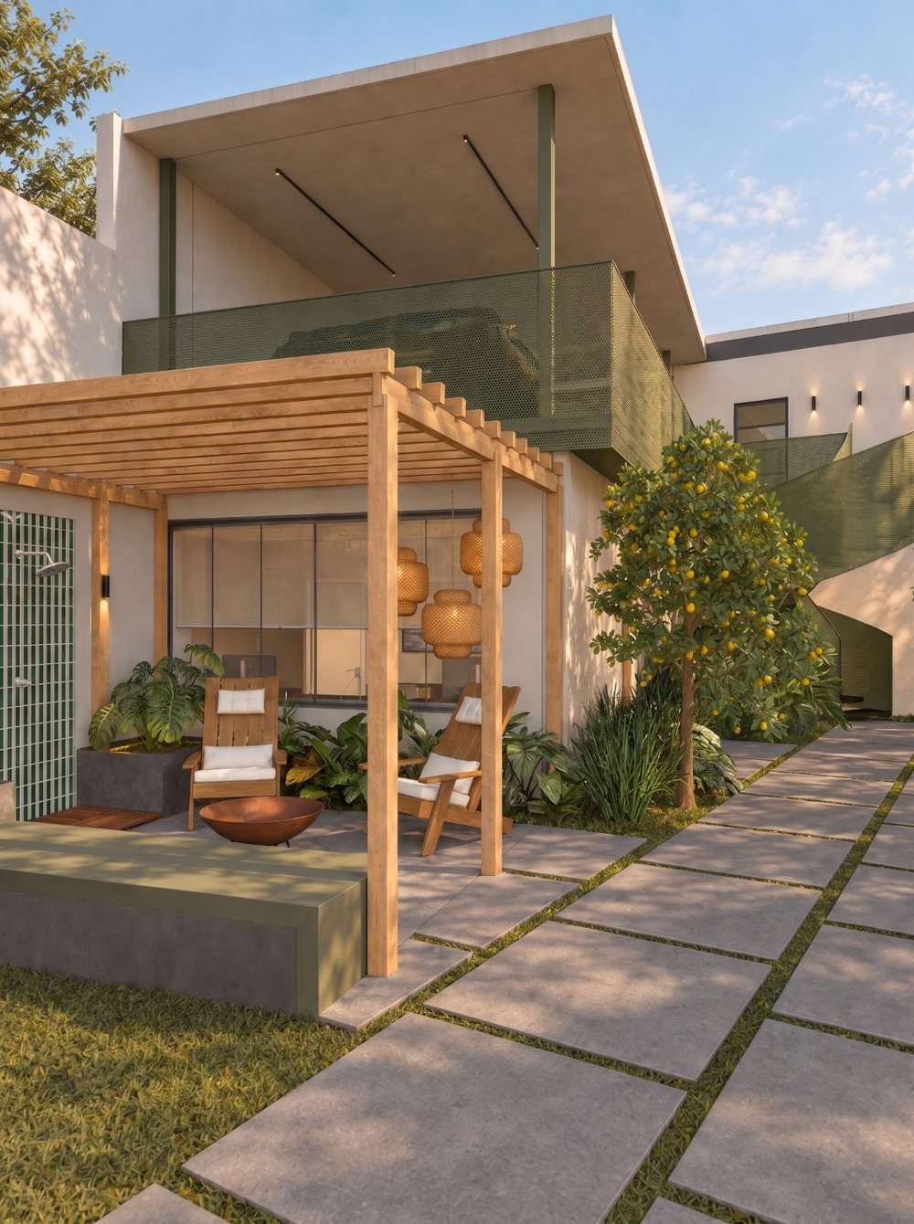 Área externa com pergolado, jardim e integração com a casa