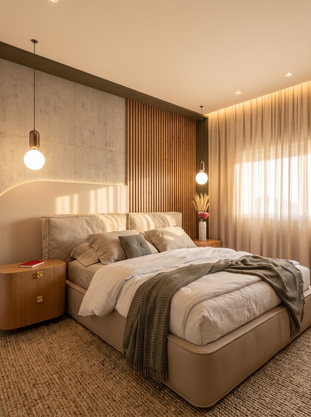 Quarto acolhedor com madeira e iluminação quente